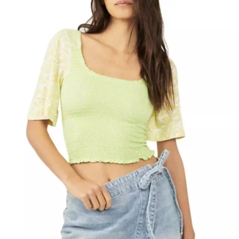 Free People Marigold Smocked Crop Top Square Neck Blouse Lime Green XS N…